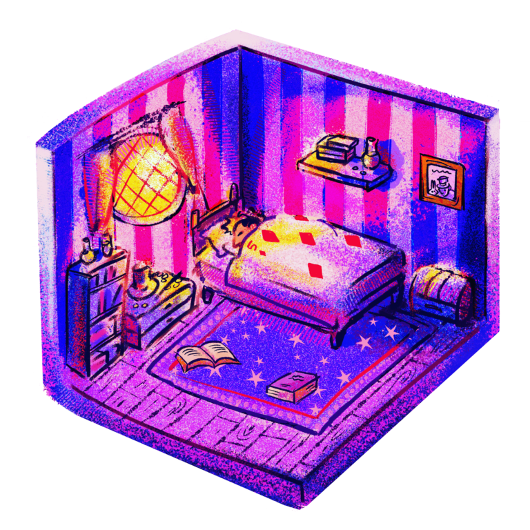 Illustration of man sleeping in a magical room.